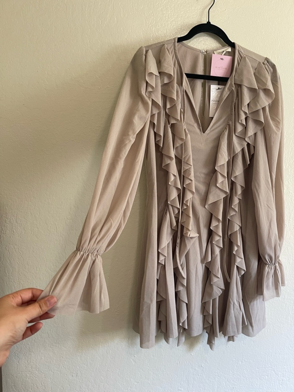 Ruffle Front Long Sleeve Mini Dress in Light Gray - Picture 4 of 5